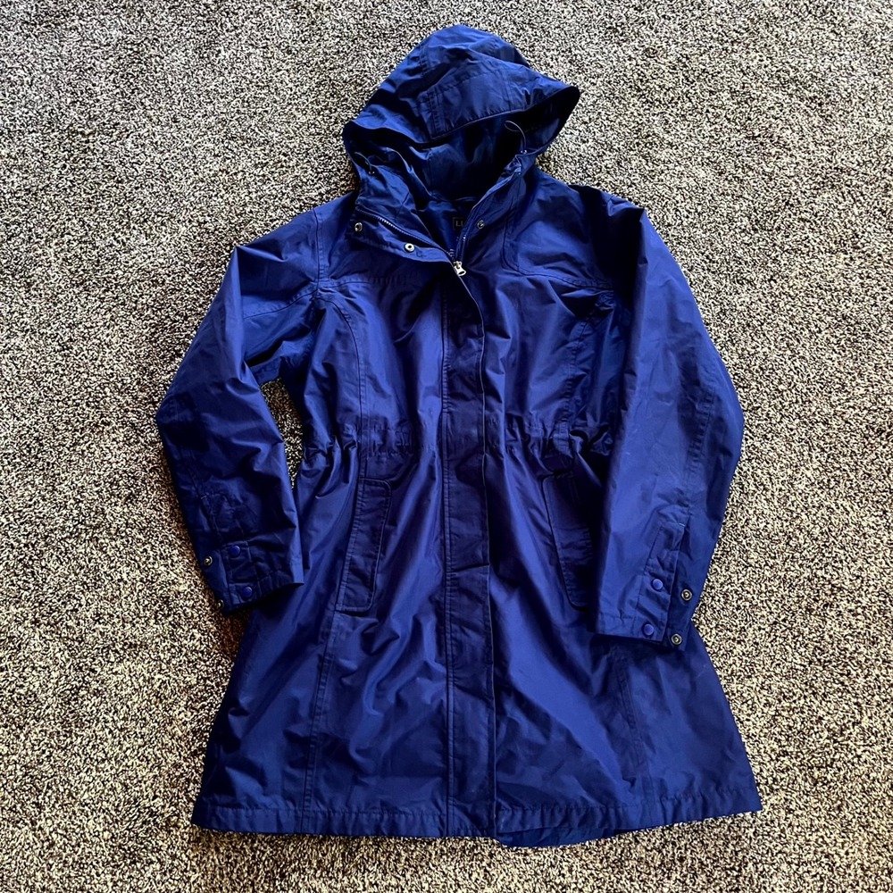 L.L.Bean Rain Jacket Coat Navy Blue Hooded H2OFF Raincoat Womens Large